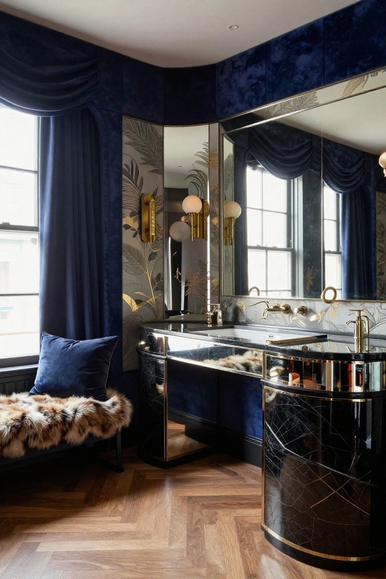 Corner of a bathroom with navy blue velvet-upholstered walls, large mirrors featuring gold palm leaf designs, curved black marble vanity with white sink and gold faucet, and bench with fur throw on herringbone wood floor.