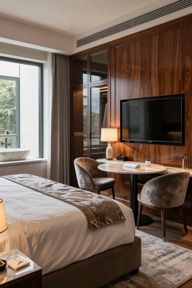 Luxury master bedroom with extensive walnut wood paneling on walls and built-ins, king bed with light linens and throw, two velvet armchairs at round marble table with lamp, wall-mounted TV, freestanding sink, and large window overlooking greenery.