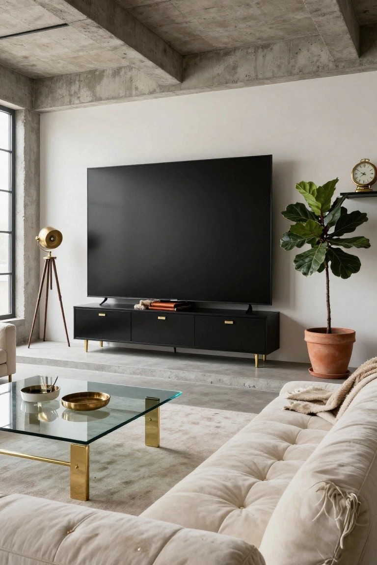 Modern living room with large black TV on black credenza with gold drawer pulls, brass-legged glass coffee table, white tufted sofa, fiddle leaf fig in terracotta pot, brass floor lamp on tripod, and exposed concrete ceiling with industrial windows.