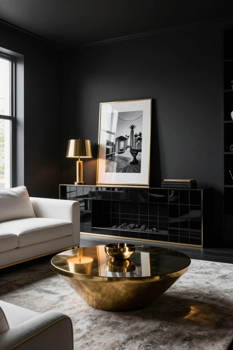 Modern living room featuring black walls, white sofa, large gold coffee table, brass lamp on glossy black credenza with fireplace, and framed black-and-white photo of palm trees.