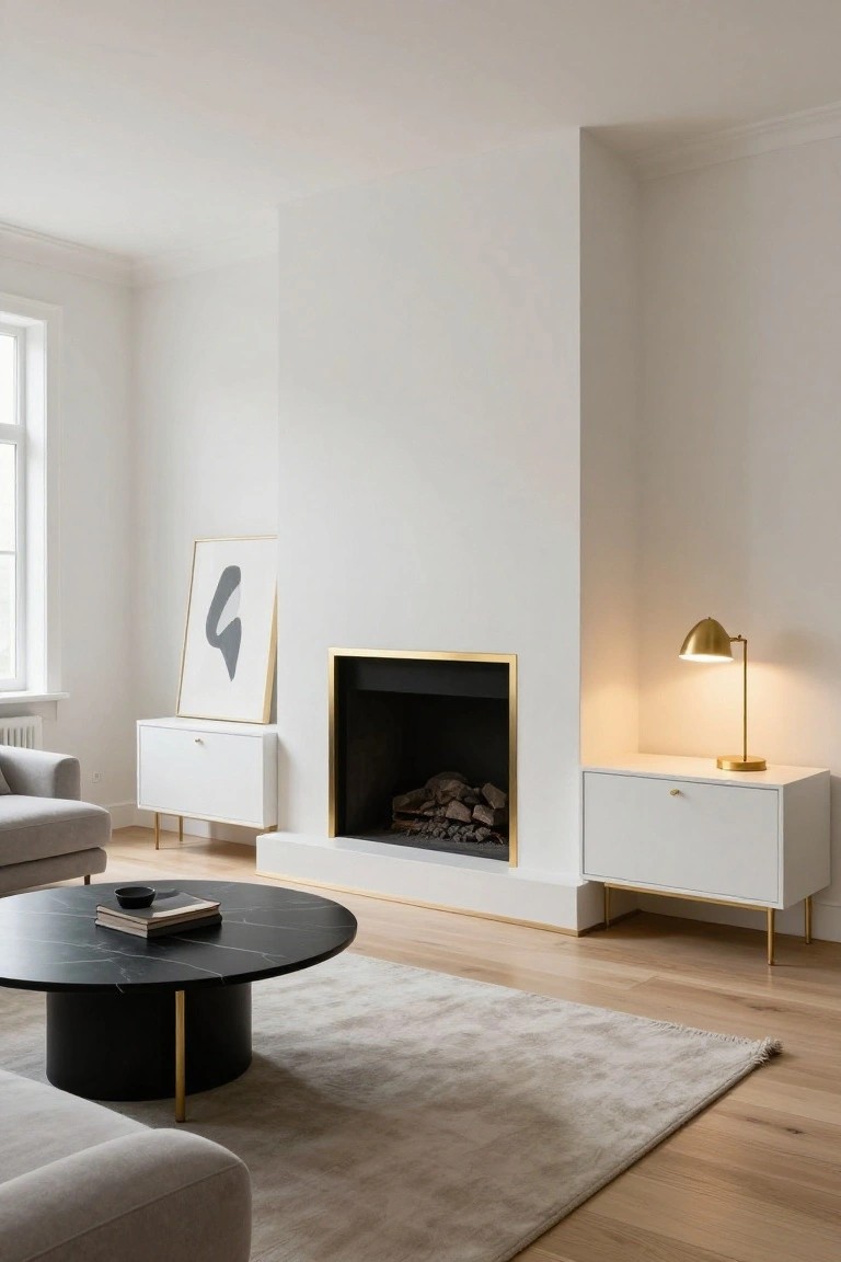 Modern living room with white walls, gold-framed fireplace with logs, gray sofa, black marble coffee table with gold legs, white side cabinets on gold legs, brass lamp, and abstract wall art.