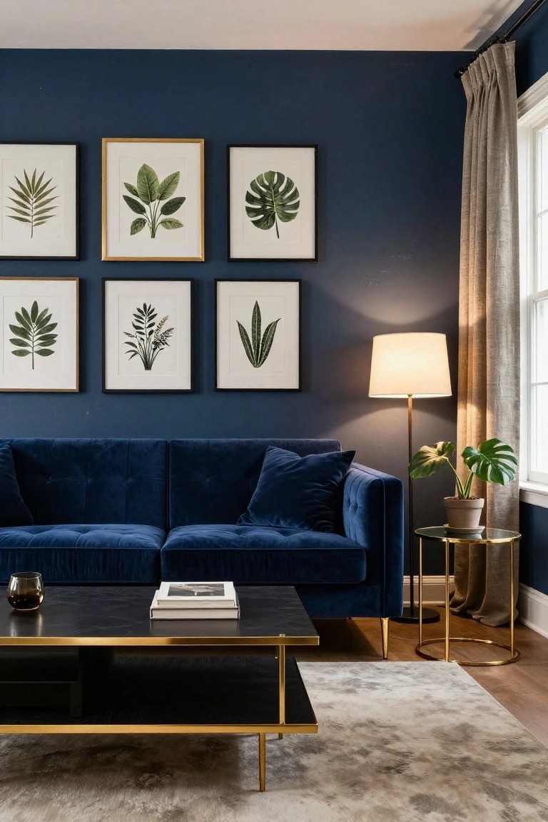 Living room with navy blue walls displaying framed botanical prints, navy velvet sofa, black coffee table with gold legs and brass side tables, floor lamp, potted monstera plant, and beige rug on wood floor.