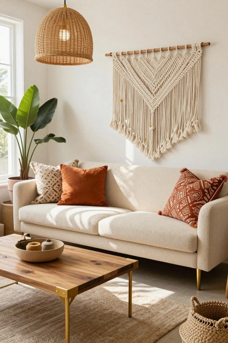A bright living room featuring a cream bouclé sofa with orange and patterned pillows, a wooden coffee table with brass legs and brackets, a large macramé wall hanging, a potted banana leaf plant, and a rattan pendant light.