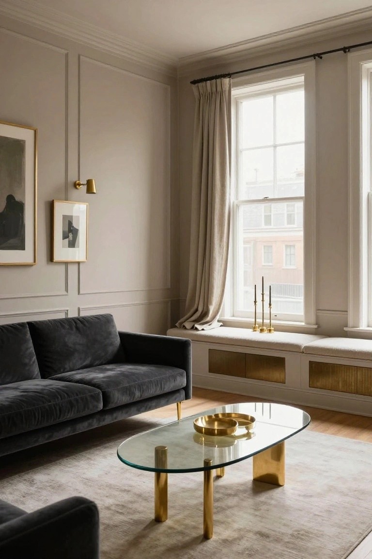 A beige living room with paneled walls, black velvet sofa, oval glass coffee table on brass legs and bases, brass-trimmed window seat cabinets, wall sconce, and two artworks.