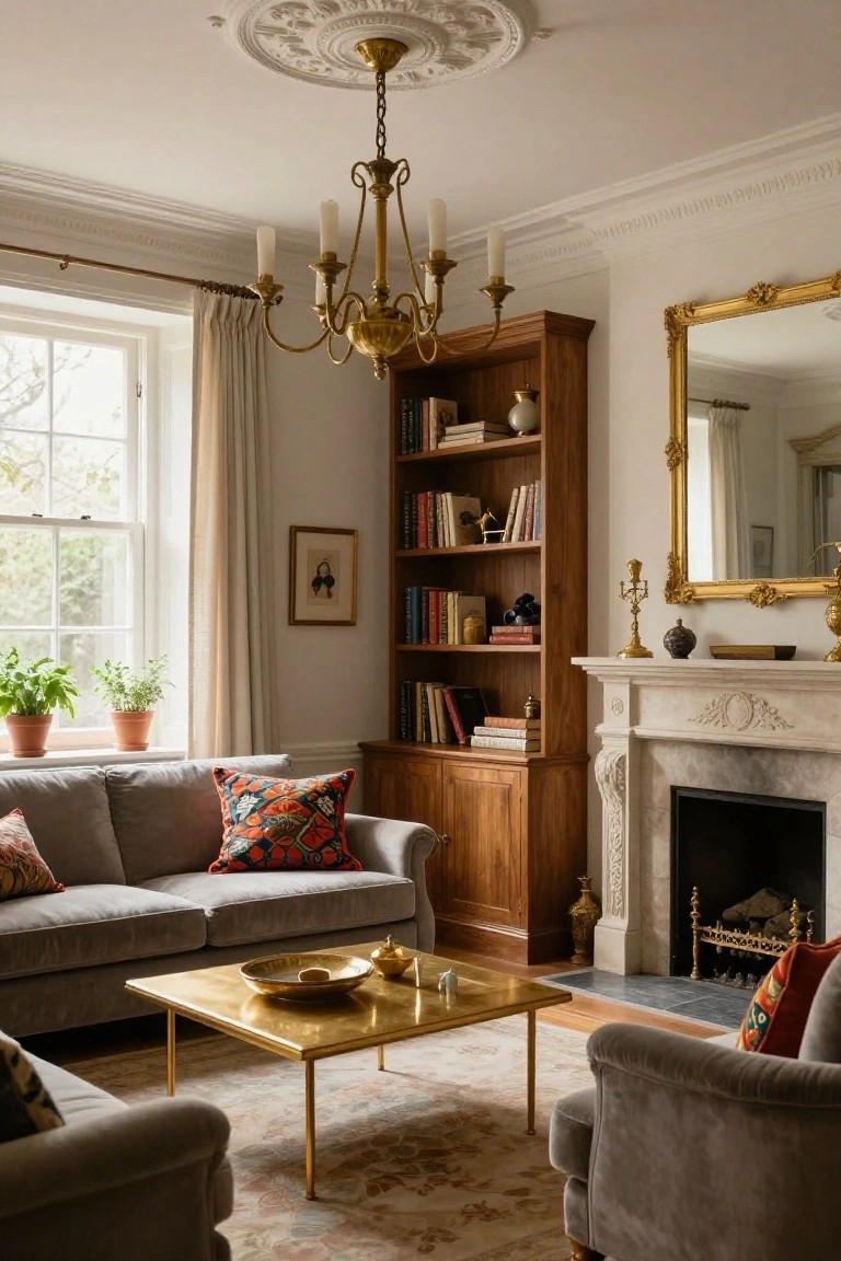Living room with gray velvet sofas and armchairs around a brass coffee table, wooden bookcases, marble fireplace, gold chandelier, ornate gold mirror, and window with potted plants.