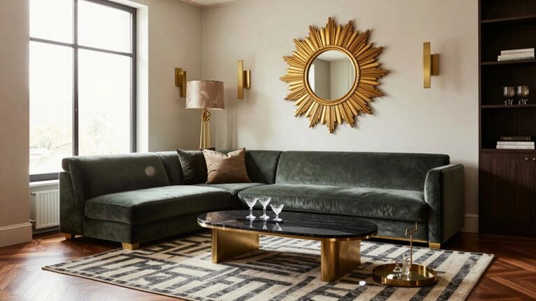 A living room with a curved emerald green velvet sofa, black marble coffee table with brass tray and glasses, gold sunburst mirror above a white marble fireplace, brass lamps, and beige walls with large windows.