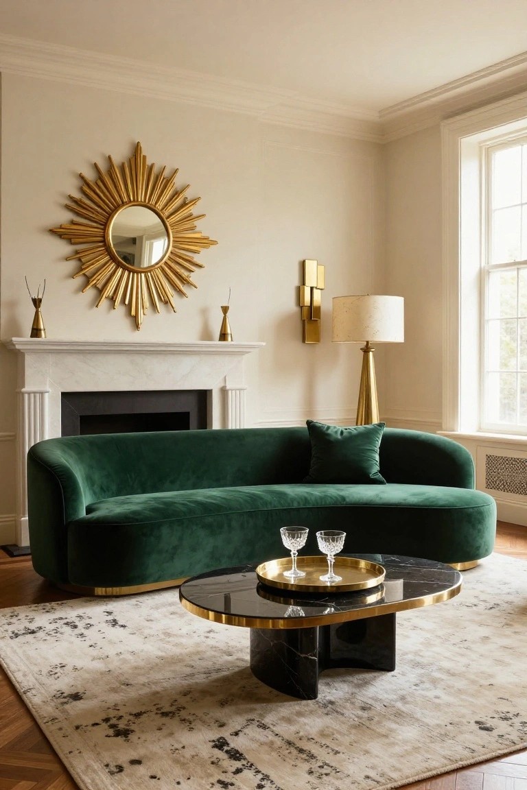 A living room with a curved emerald green velvet sofa, black marble coffee table with brass tray and glasses, gold sunburst mirror above a white marble fireplace, brass lamps, and beige walls with large windows.
