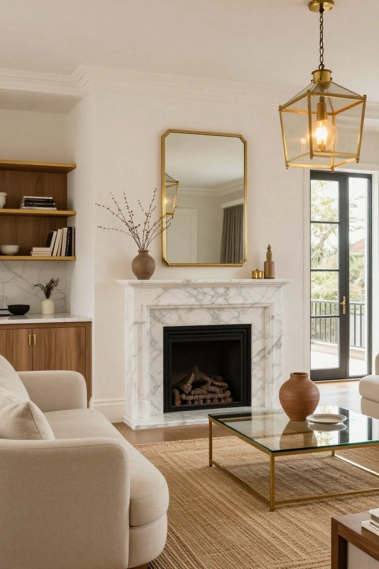 Neutral living room with white marble fireplace, lit brass lantern pendant light, gold-framed rectangular mirror above mantel, wood built-in shelves, cream curved sofa, glass-top gold coffee table on seagrass rug, and French doors to balcony.