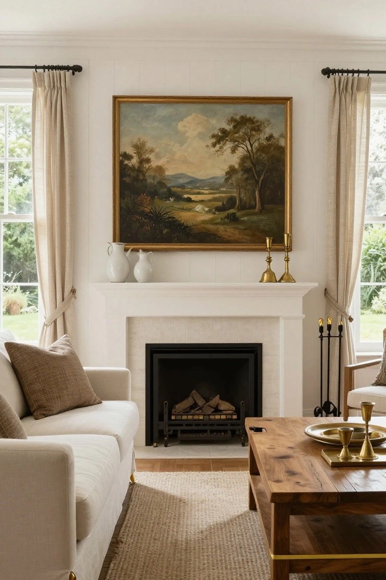 White living room with fireplace, gold-framed landscape painting above mantel holding white vases and gold candlesticks, beige sofa, wooden coffee table with gold tray and candlesticks, cream curtains on large windows.