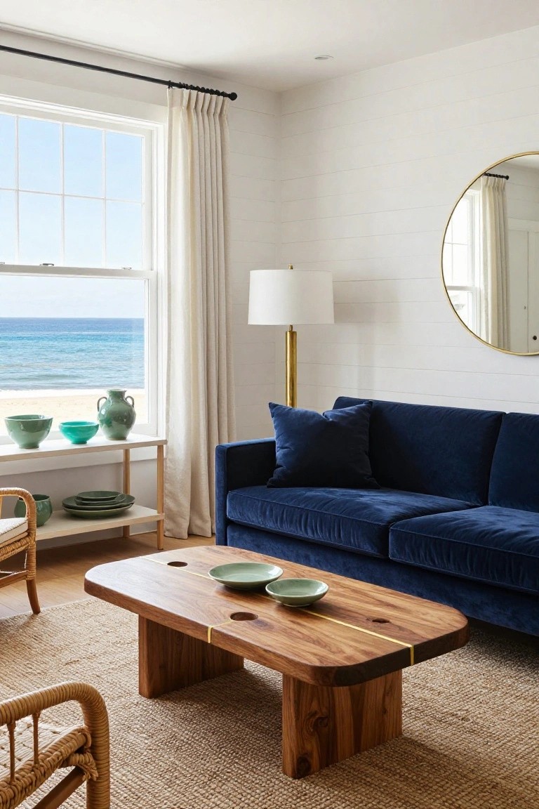 Living room with navy velvet sofa, wooden coffee table featuring gold inlays, large round gold-framed mirror on white shiplap wall, floor lamp with gold base, green ceramic vases and bowls, rattan chairs, and window showing ocean view.