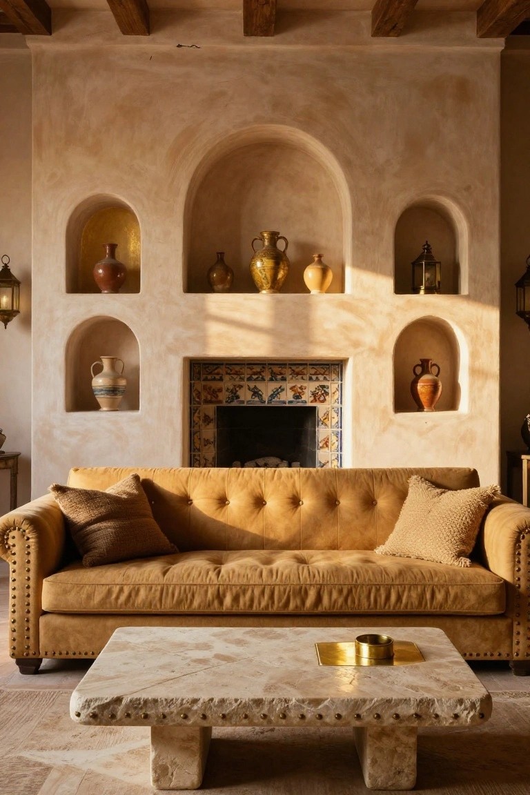 Living room with mustard yellow tufted leather sofa, low white stone coffee table holding brass tray and bowl, arched beige wall niches displaying various pottery jars beside tiled fireplace.