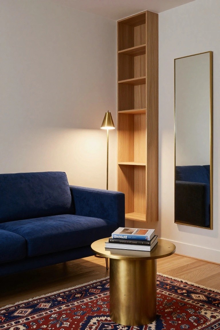 Modern living room corner with navy blue velvet sofa, tall oak bookshelf, slim gold-framed mirror, arched gold floor lamp, round brass side table holding books, and red-and-blue Persian rug on oak wood floor