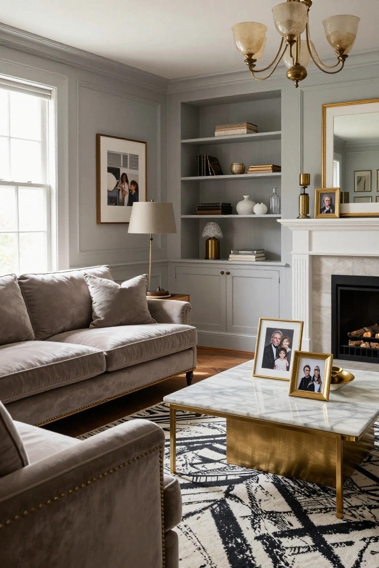 A living room with light gray walls, gray velvet sofa, marble-top coffee table with gold legs and base, white fireplace, built-in bookshelves, and gold picture frames on the mantel.