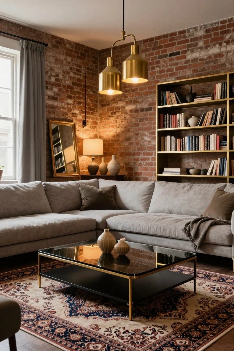 Exposed brick living room corner with gray L-shaped sofa, black glass coffee table with gold legs and frame, gold pendant lights overhead, brass bookshelves with books and ceramics, gold-framed mirror, table lamps, and potted plants.