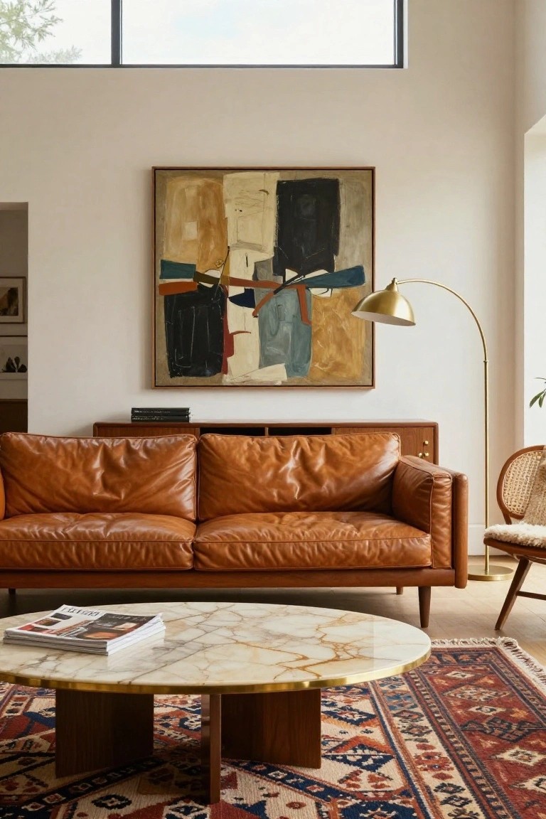 Modern living room featuring tan leather sofa, round marble coffee table with gold brass edges and wood legs, tall gold brass arc floor lamp, abstract painting on wall, wood credenza, rattan chair, and patterned rug on wood floor.
