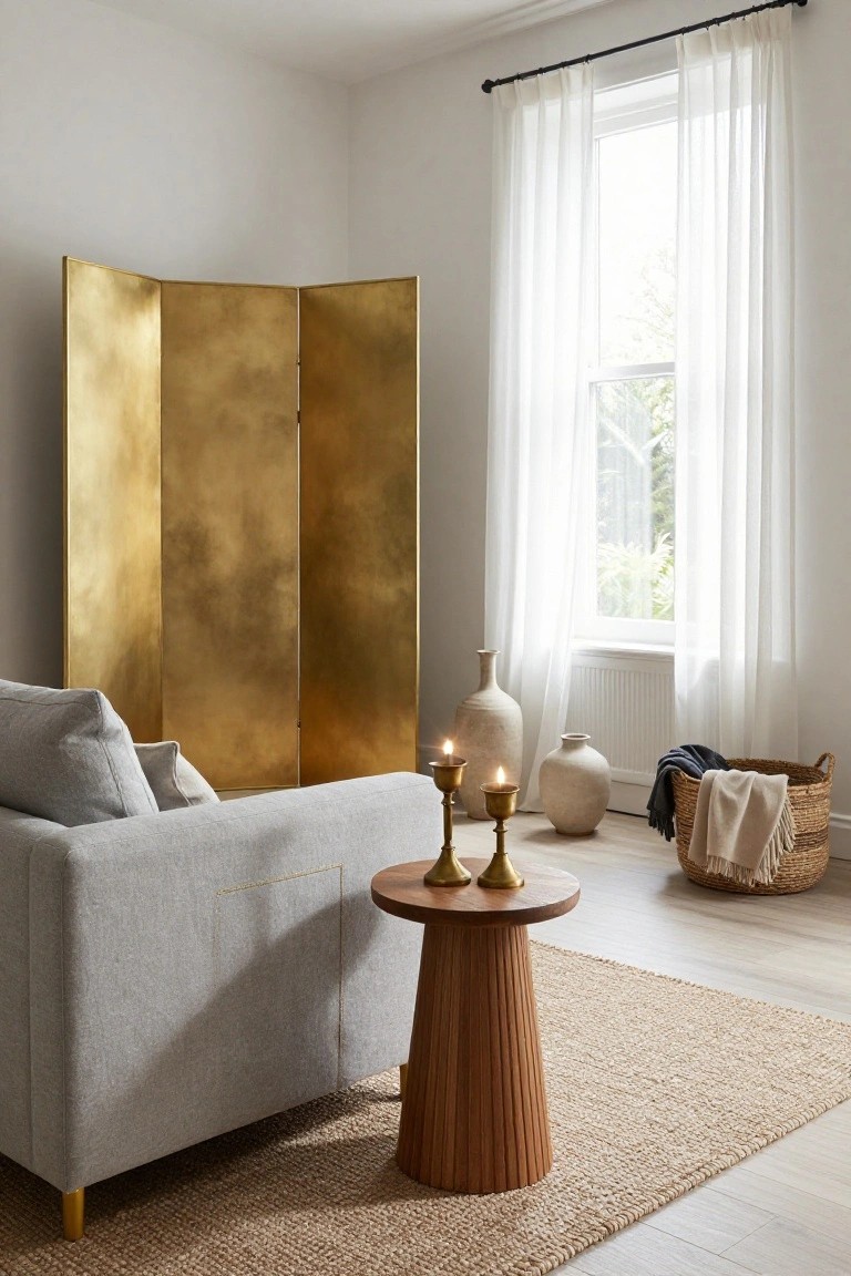 Living room corner with three-panel gold folding screen next to gray sofa on seagrass rug, round wooden pedestal table with brass candlesticks, two beige ceramic vases, wicker basket holding blankets and throw, sheer curtains on window.