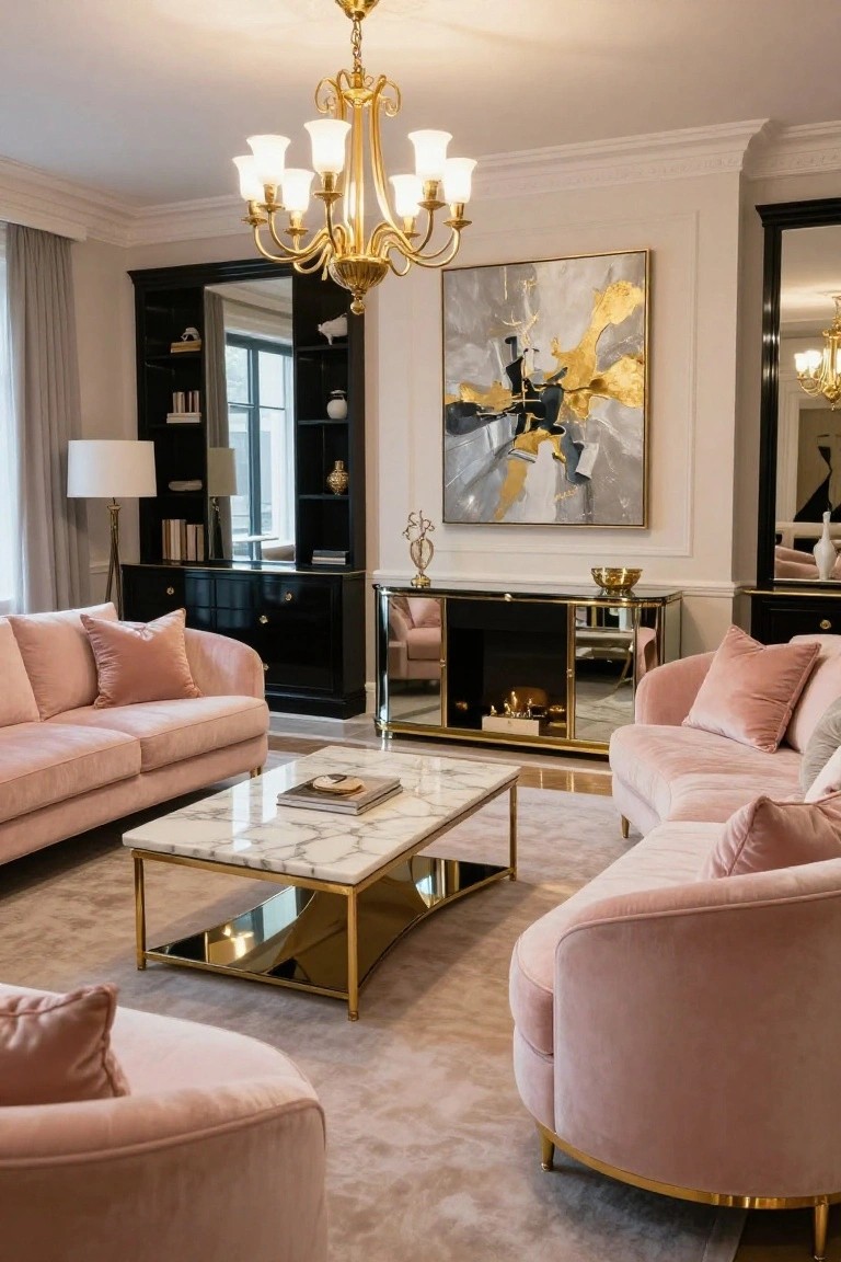 A living room with blush pink velvet sofas on gold legs, a brass-trimmed marble coffee table, gold chandelier, black credenza with mirrors, and abstract gold painting on the wall.