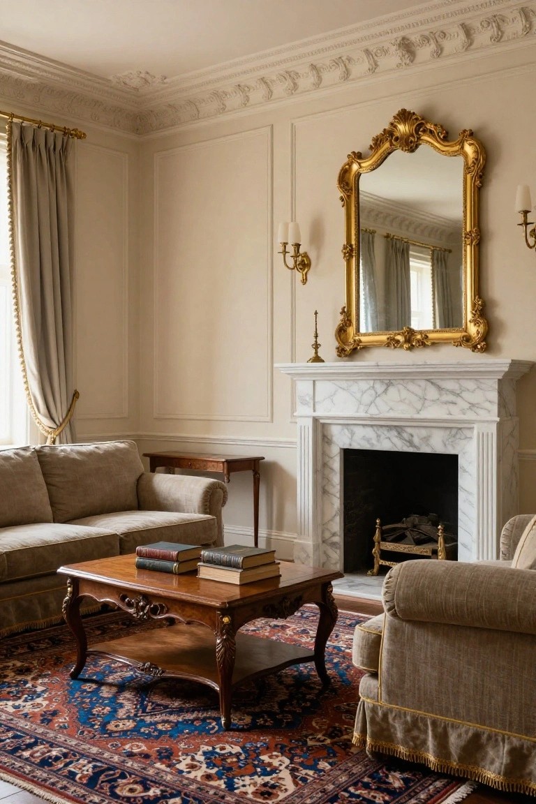Living room corner with marble fireplace, large ornate gold-framed mirror above mantel, beige sofas and armchair, wooden coffee table with books, Persian rug, and cream walls with drapes.