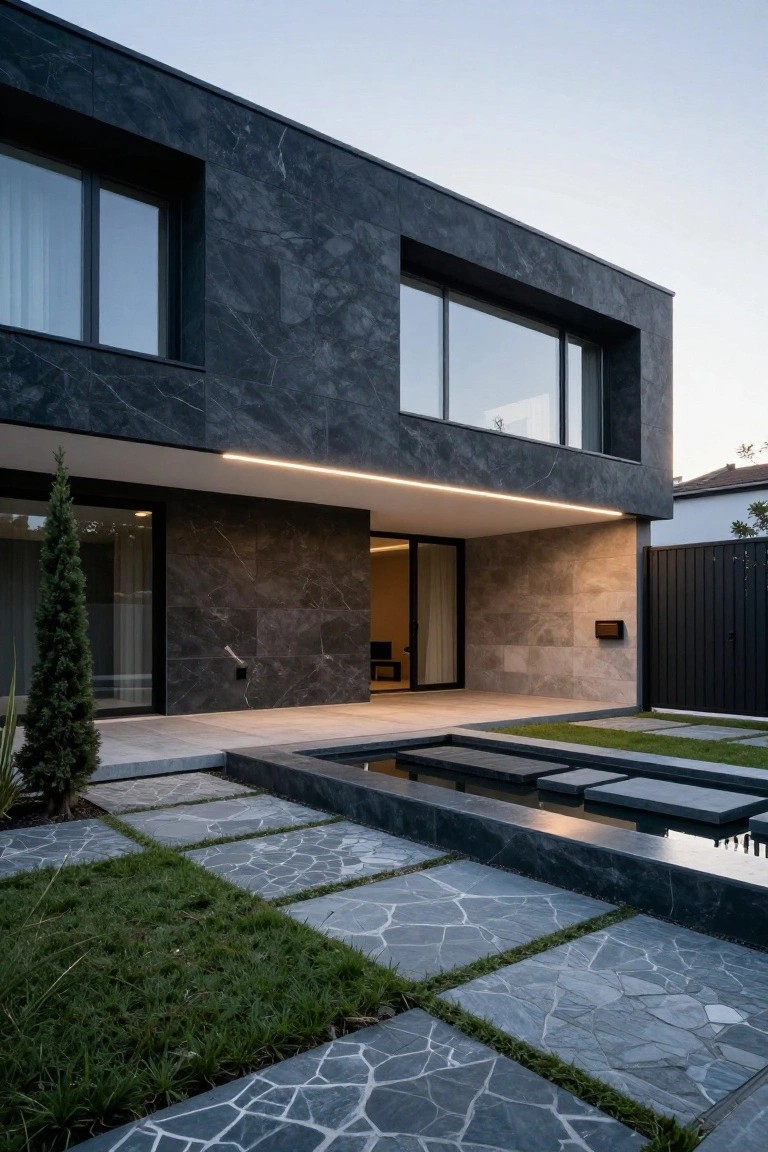 Modern two-story house exterior with black marble tile cladding, large glass windows, sliding entry doors, light stone base, LED light strip under overhang, stone pavers, grass sections, and small rectangular water feature in foreground.
