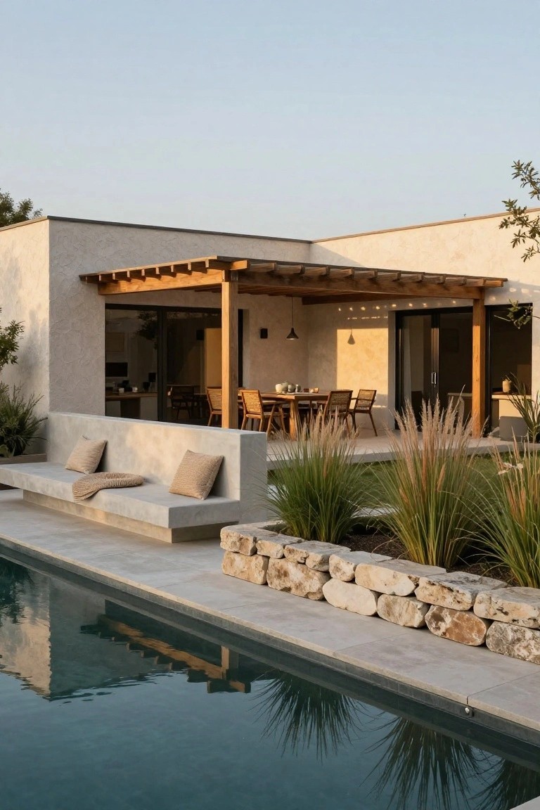 Contemporary house exterior with beige stucco walls and wooden pergola over a terrace dining area, a long low concrete bench with beige cushions facing a rectangular pool edged in stone walls and grasses.