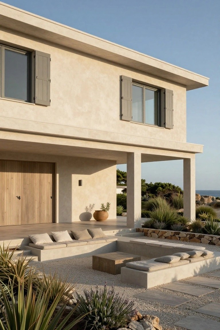 Beige stucco villa exterior with wooden shutters and entry door, featuring a covered terrace with built-in concrete benches and low wood table on gravel ground, surrounded by agave plants and stone walls near the sea.