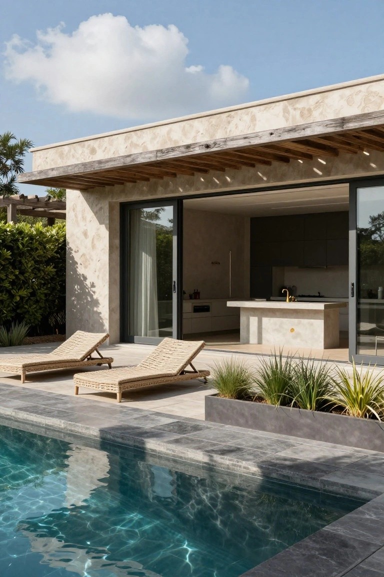 Beige stucco house wall with wooden beams and open sliding glass doors revealing a modern kitchen, two beige woven loungers on a gray stone deck beside a rectangular turquoise pool edged in dark stone, with potted grasses nearby.