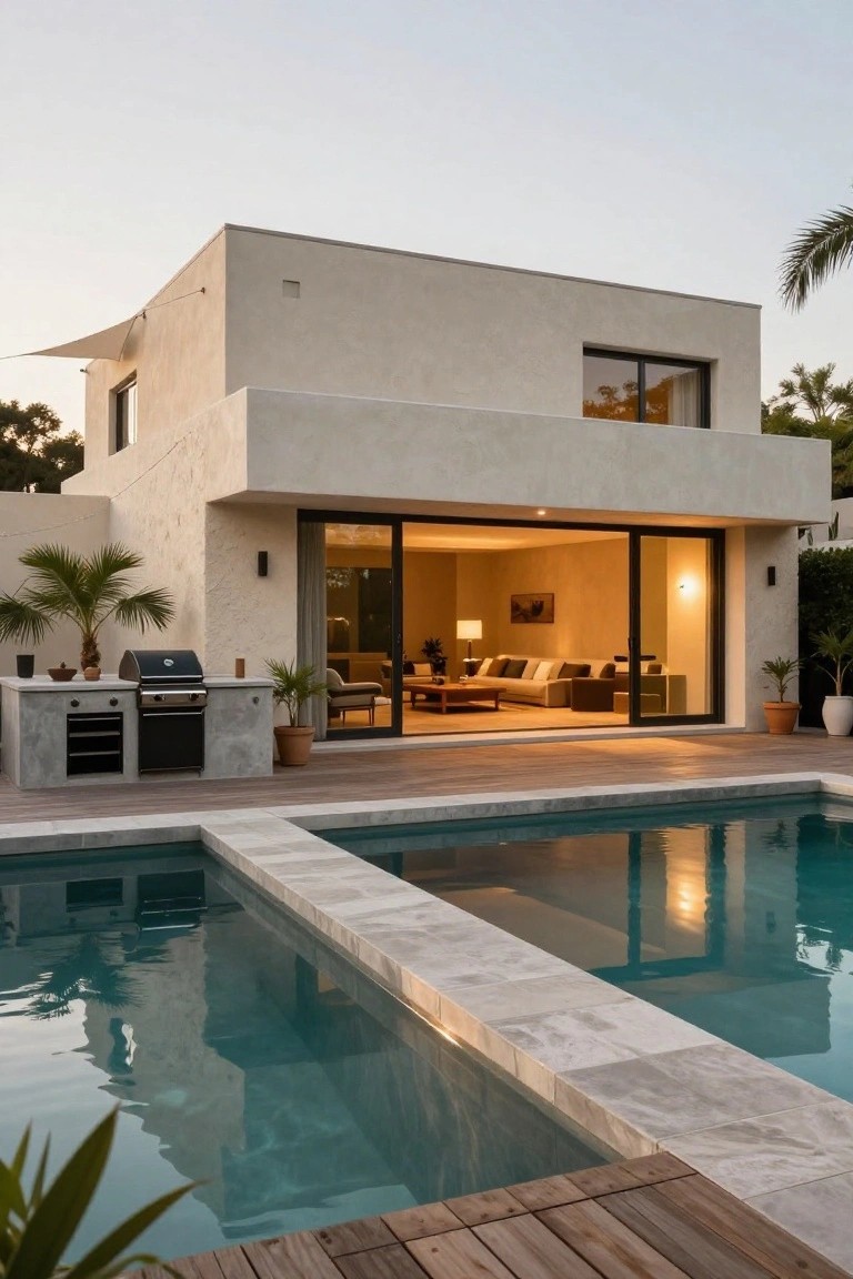 Beige modern house with large open sliding glass doors overlooking a wooden deck with built-in concrete outdoor kitchen island and black grill next to a rectangular pool edged in light stone, surrounded by potted plants and palm trees.