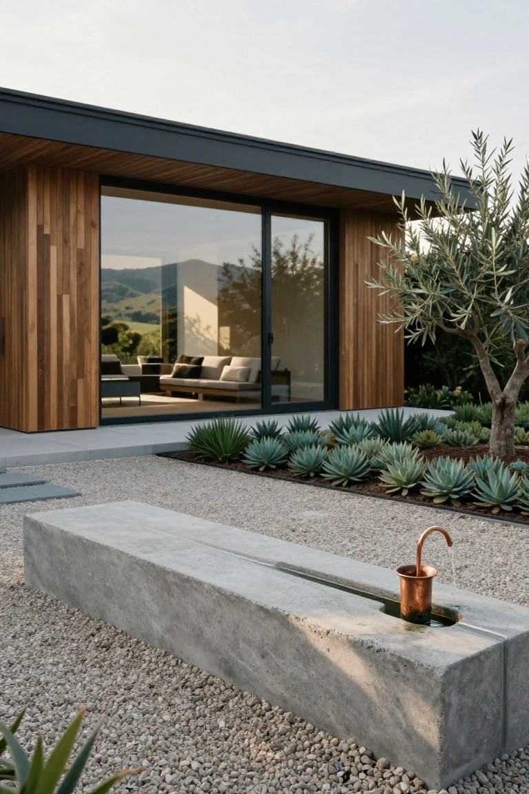 Contemporary pavilion exterior featuring vertical cedar wood cladding, black metal roof, floor-to-ceiling glass sliding doors revealing indoor seating, gravel garden with agave plants, olive tree, and foreground concrete bench with copper water spout and channel.