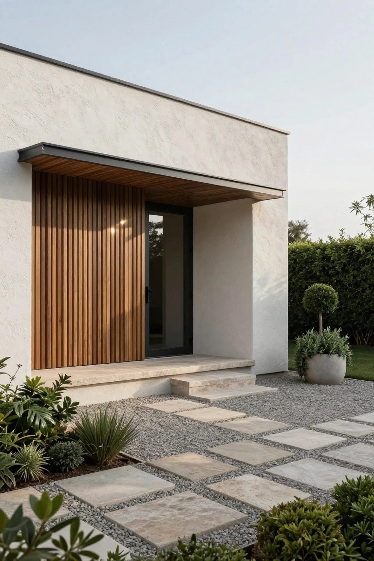 White stucco house exterior with vertical wooden slats beside a black-framed glass entry door under a dark metal awning, stone steps leading to gravel path with square pavers and low plants.