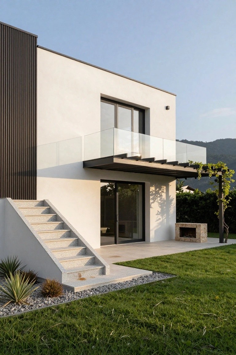 Modern two-story house exterior featuring white stucco walls, dark vertical cladding on one side, glass balcony with black frame, stone stairs to sliding glass doors, stone fire pit on tiled patio, and low landscaping with agave plants and gravel edging against green lawn.