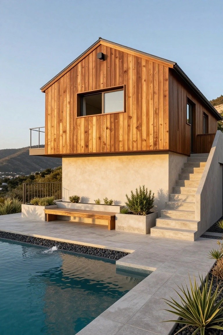 Elevated modern house on a hillside with vertical wood cladding on the upper gabled structure, beige stucco base, concrete stairs leading up from an infinity-edge pool with pebble borders and agave plants.