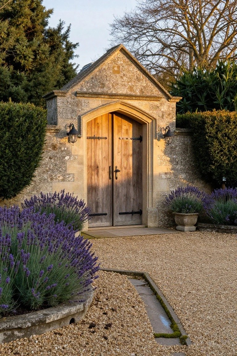 Stone arched gateway with double wooden doors, iron lanterns on either side, purple lavender plants in borders, gravel path, and surrounding hedges and trees.