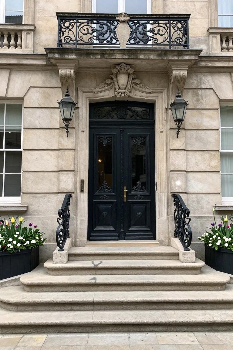 Beige stone townhouse entrance with ornate black double doors, flanked by wrought iron lanterns and railings, stone steps, and potted tulips on either side.