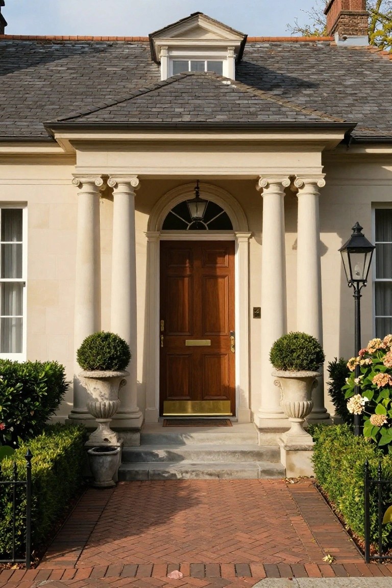 Beige stucco house facade with slate roof, two fluted columns supporting a pediment over a paneled mahogany front door, flanked by boxwood topiaries in stone urns, brick pathway, and low hedges.