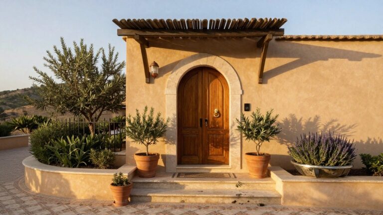 19 Chic Grand Entrance Inspirations That Set The Perfect Tone Beige stucco house exterior with a double arched wooden door featuring black wrought iron grilles, flanked by potted rosemary in terracotta pots, olive branches overhead, a copper lantern light, and mosaic stone steps.