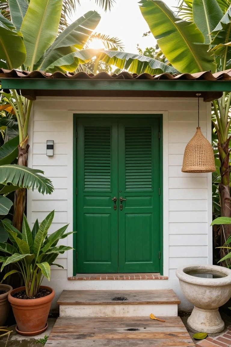 White clapboard house with green louvered double doors, green trim, tiled roof overhang, banana plants, potted greenery, stone urn, and wooden entry steps.