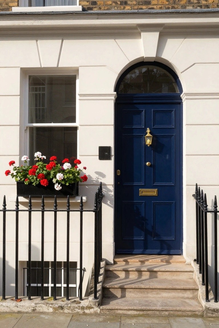 White stucco townhouse facade with arched navy blue front door, gold knocker and letterbox, flower box of red and white geraniums on the windowsill, black wrought iron railing, and front steps.