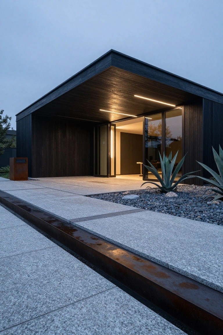 Black wood-clad modern house with cantilevered overhanging roof above glass entry doors, flanked by agave plants in gravel bed next to stone pathway and rusted metal edging.