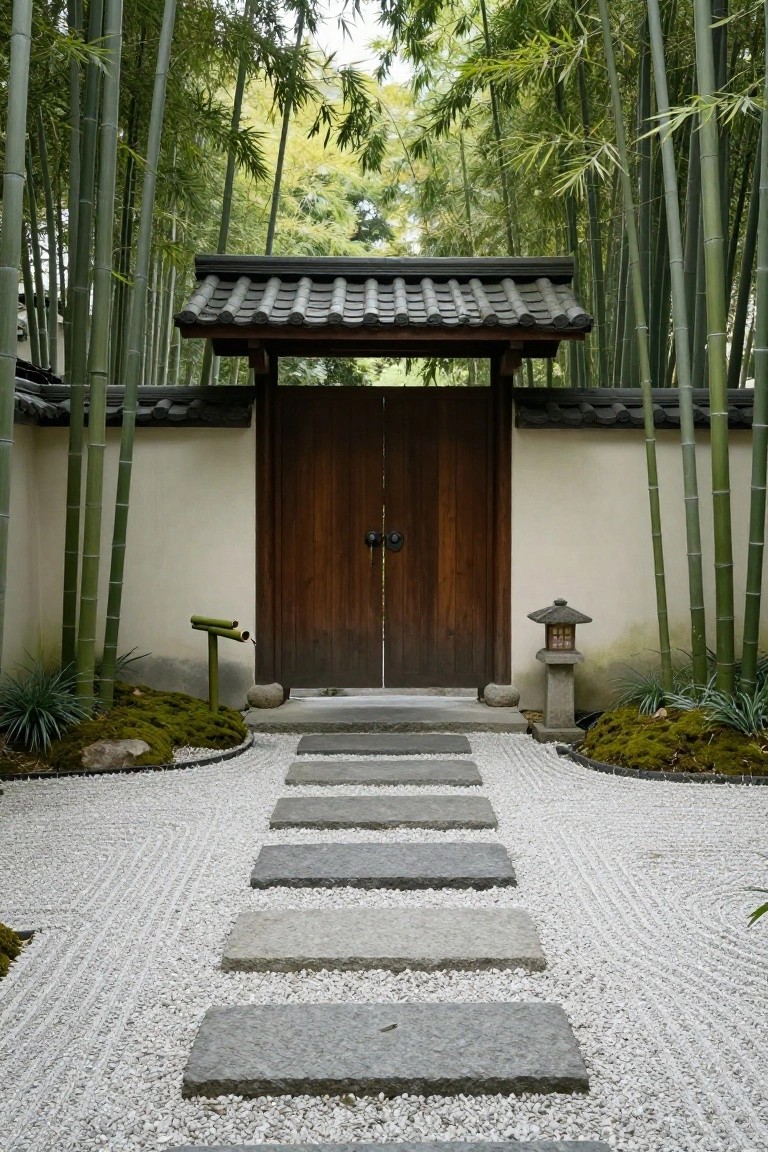 Wooden double doors in a tiled-roof gate structure flanked by bamboo and a beige stucco wall, approached by irregular gray stone stepping slabs set in raked white pebble gravel garden with mossy edges and stone lantern.