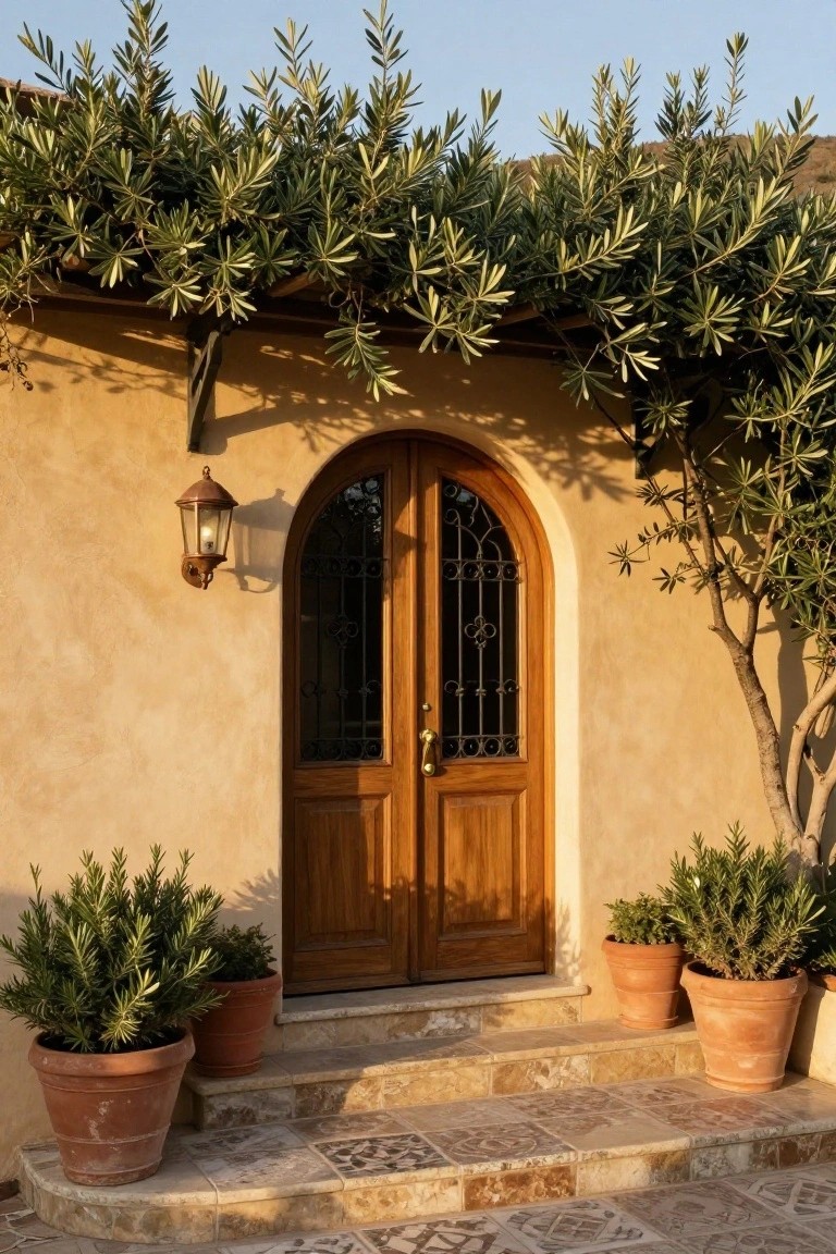 Beige stucco house exterior with a double arched wooden door featuring black wrought iron grilles, flanked by potted rosemary in terracotta pots, olive branches overhead, a copper lantern light, and mosaic stone steps.