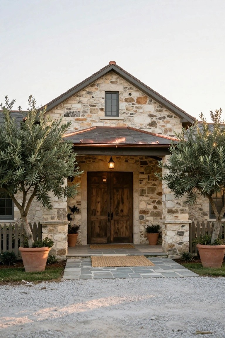 Stone house facade with covered porch, double wooden front doors, lantern light, and two large olive trees in terracotta pots flanking the entry, gravel path in front.