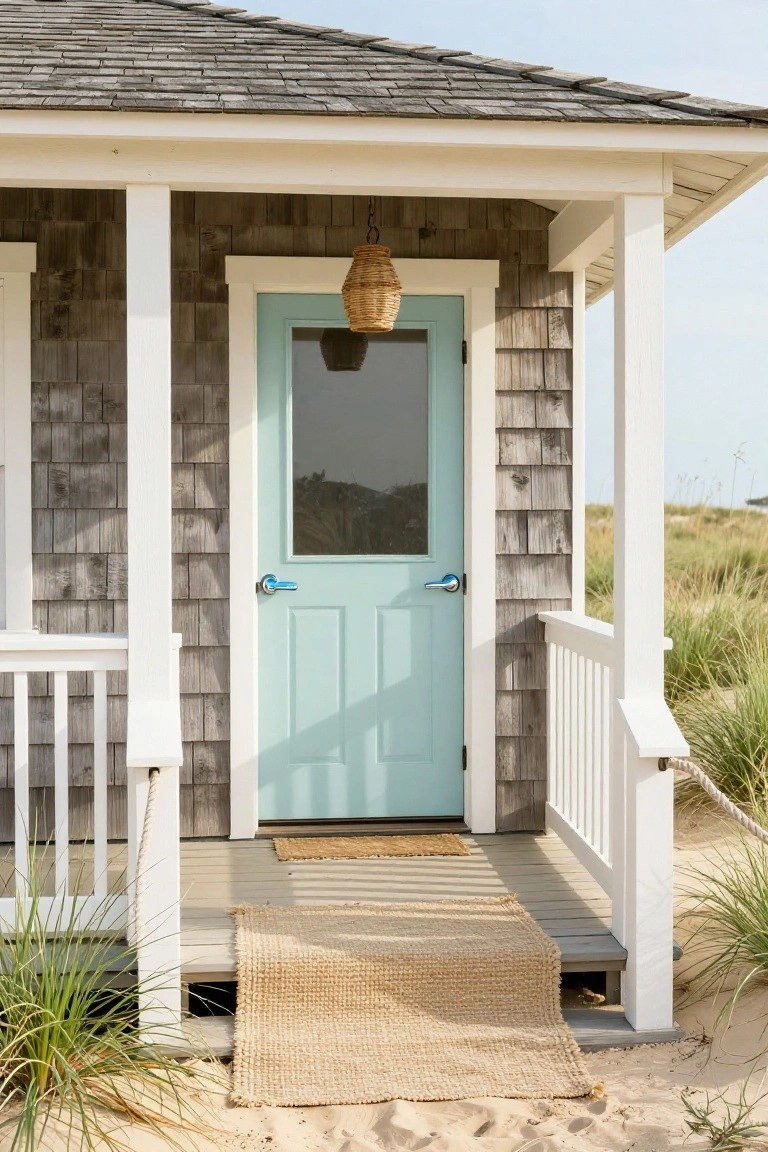 Small shingle-clad cottage exterior featuring a turquoise paneled front door with glass panel, hanging basket light, white porch columns, beige woven rug on wooden steps, and surrounding beach grass and sand.