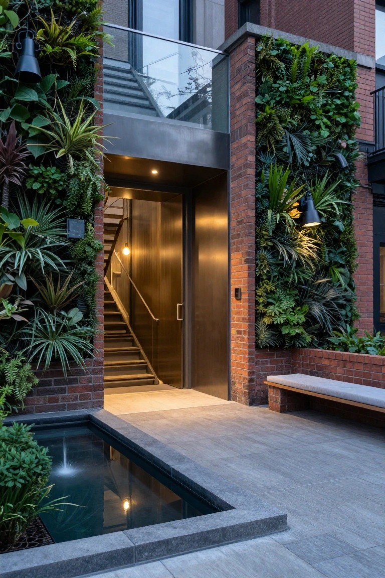 Brick home entrance with vertical green plant walls on both sides of metal stairs leading to a dark door, small rectangular reflecting pool with fountain at the front, wooden bench, and stone paver ground.