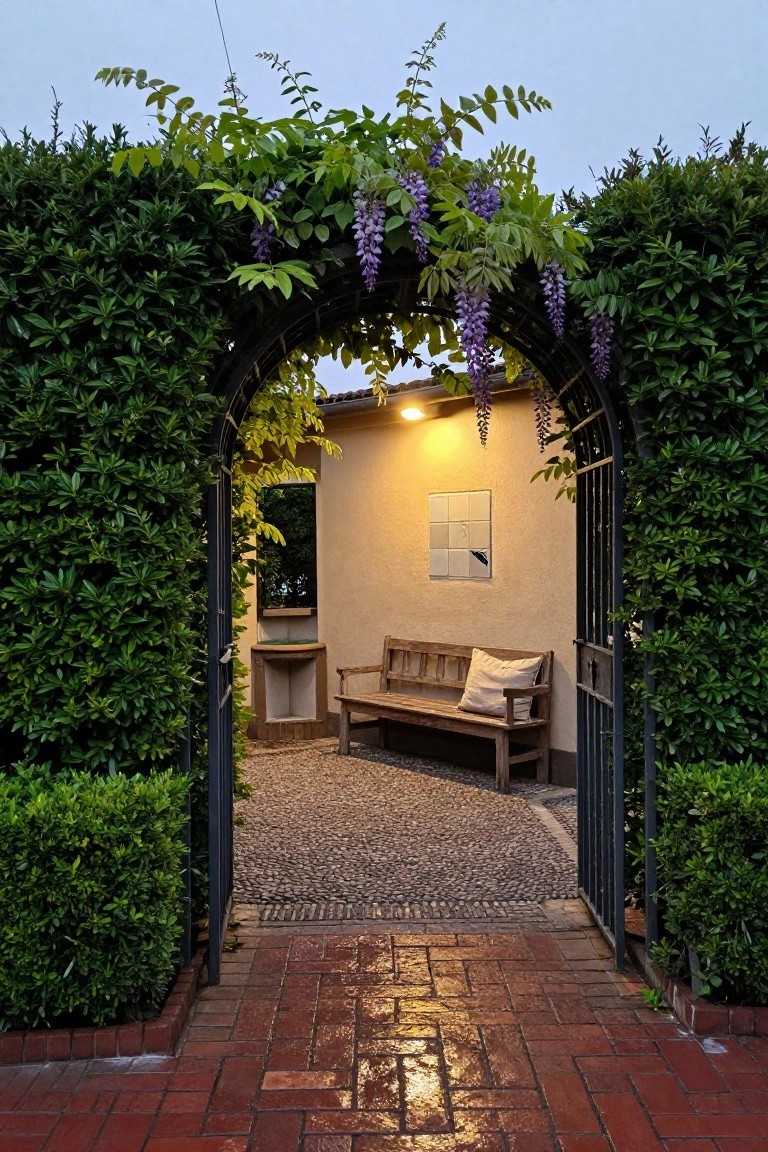 Iron archway gate covered in purple wisteria vines and flanked by tall green hedges, with a wet red brick path leading through to a pebbled area and wooden bench against a beige stucco wall under soft lighting.
