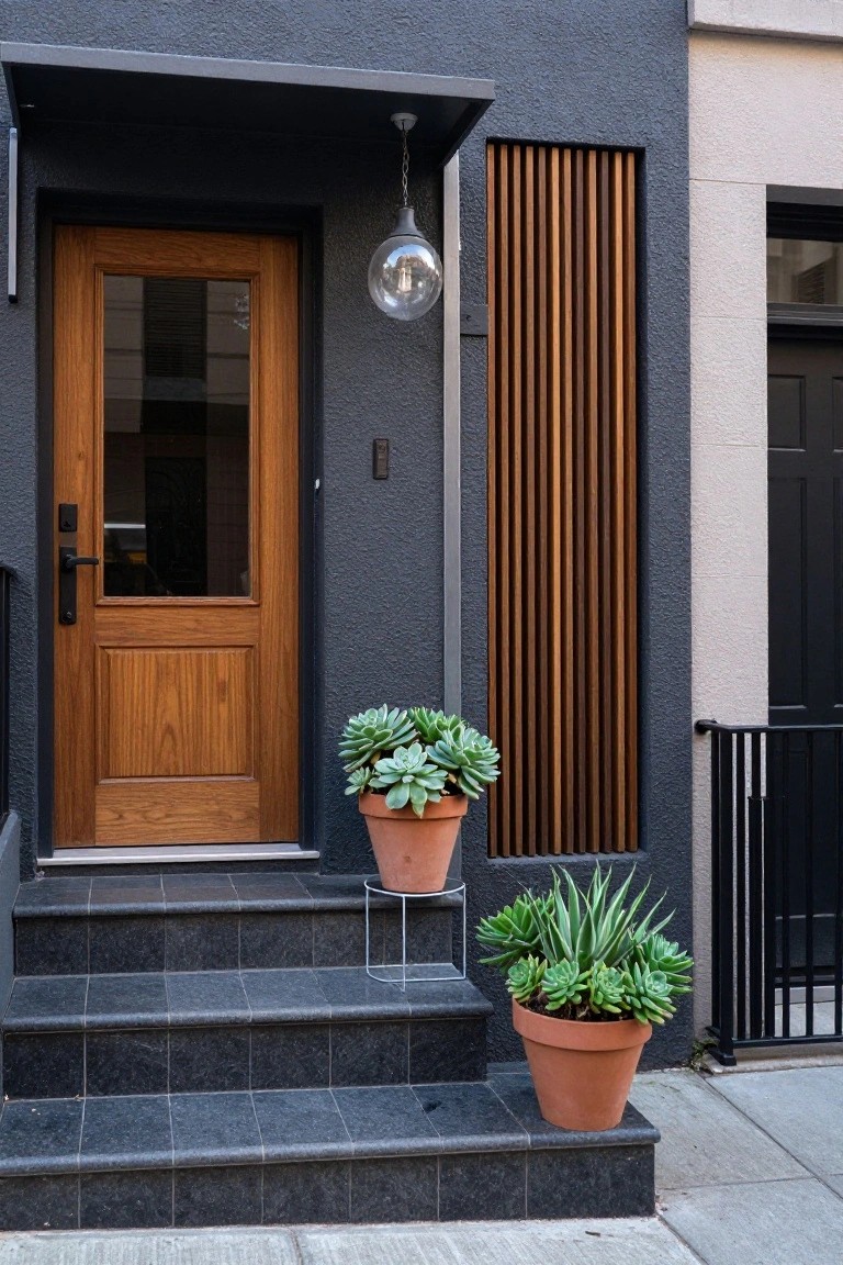 Front entrance of a modern house with dark stucco walls, vertical wood slats, a wooden door with glass panel and black handle, hanging globe light, potted succulents on black steps, and black metal railing.