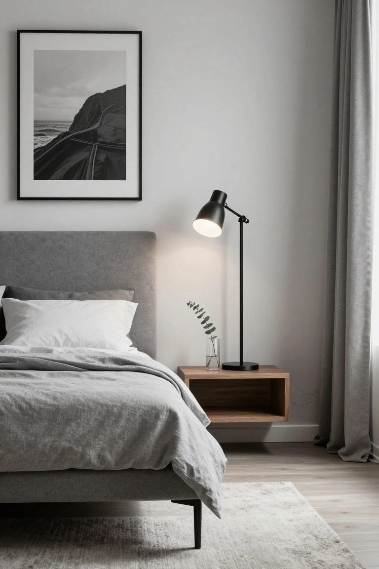 Gray upholstered bed with white linen sheets and pillows, floating wooden nightstand with glass vase of eucalyptus, tall black adjustable gooseneck floor lamp lit up, large black-framed black-and-white photo of coastal cliffs on white wall, gray curtains, light wood floor with beige rug.