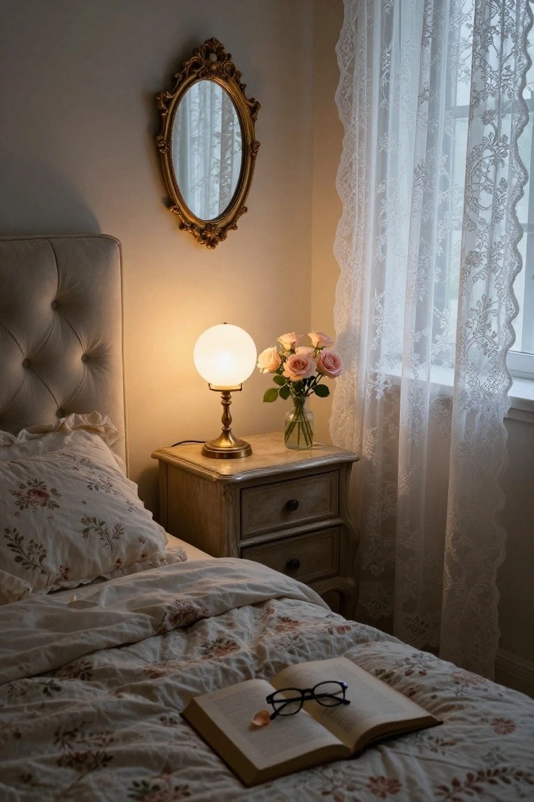 Bedroom corner showing tufted bed with floral bedding and open book with glasses, wood nightstand with brass-based white globe lamp and vase of pink roses, gold oval mirror on wall, and white lace curtains at window.