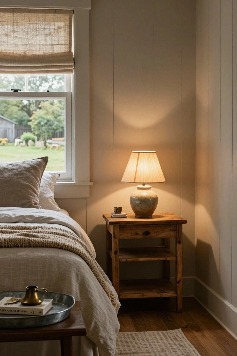 Bedroom corner featuring a wooden nightstand with a ceramic lamp having a white pleated shade, a book, candle in tray, next to a bed with beige linens and pillows, by a window with woven roman shade overlooking a yard and barn.