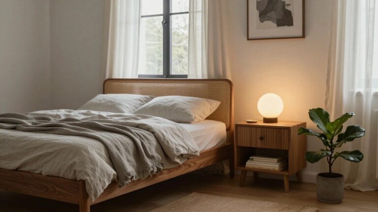 Bedroom corner showing a low wooden platform bed with rattan headboard and white linen bedding, wooden nightstand holding a white globe lamp, potted fiddle leaf fig plant, stack of books on a seagrass rug, abstract wall art, and sheer curtains over a window.