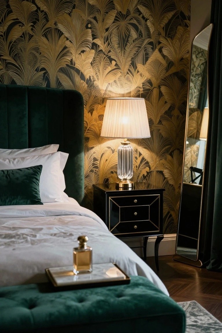 Bedroom with green velvet headboard and bench, white bedding, black nightstand topped with gold-based fluted glass lamp and white shade, gold palm wallpaper, and tall gold mirror.